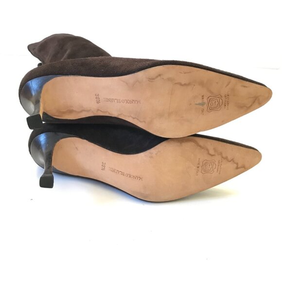 Manolo Blahnik Pamfilo Suede Boots Womens 38.5 Brown Stiletto Tall Heels Heeled - Picture 11 of 15
